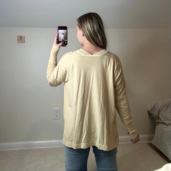 Free People: Varsity Stripe Neutral Yellow Tan VNeck Oversized Sweatshirt - Picture 2 of 7
